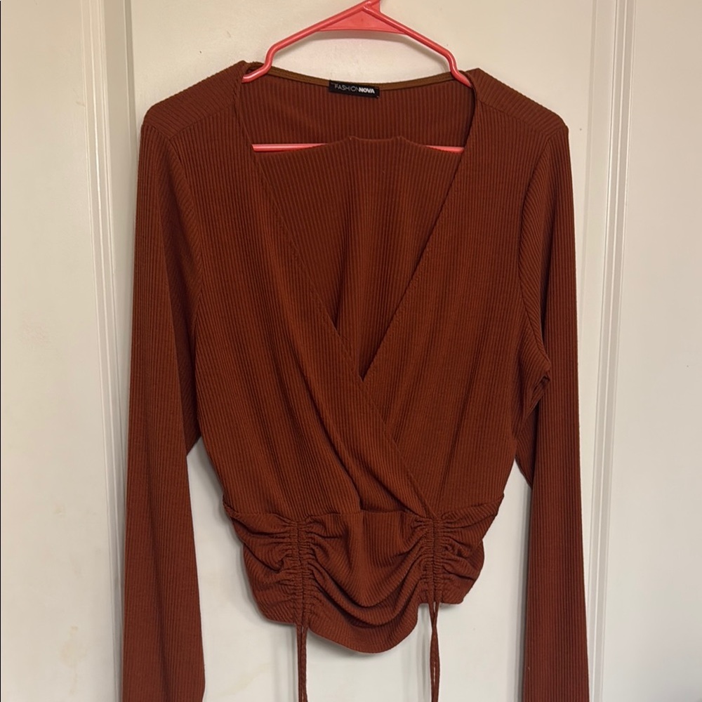 Fashion Nova Brown Ruched Wrap Blouse